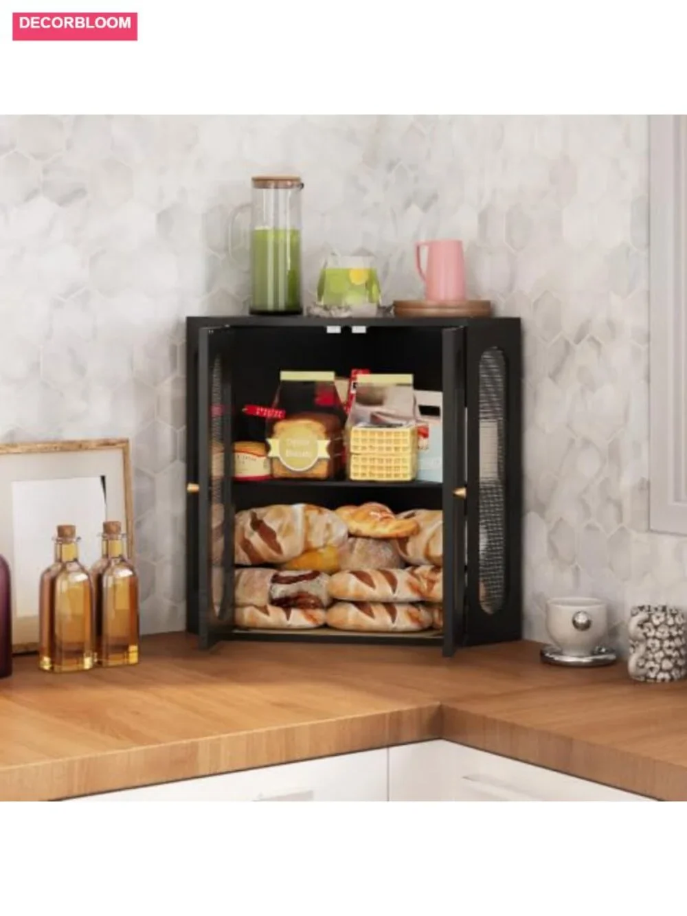 Corner Bread Box Large Double Layer Bamboo with Acrylic Windows
